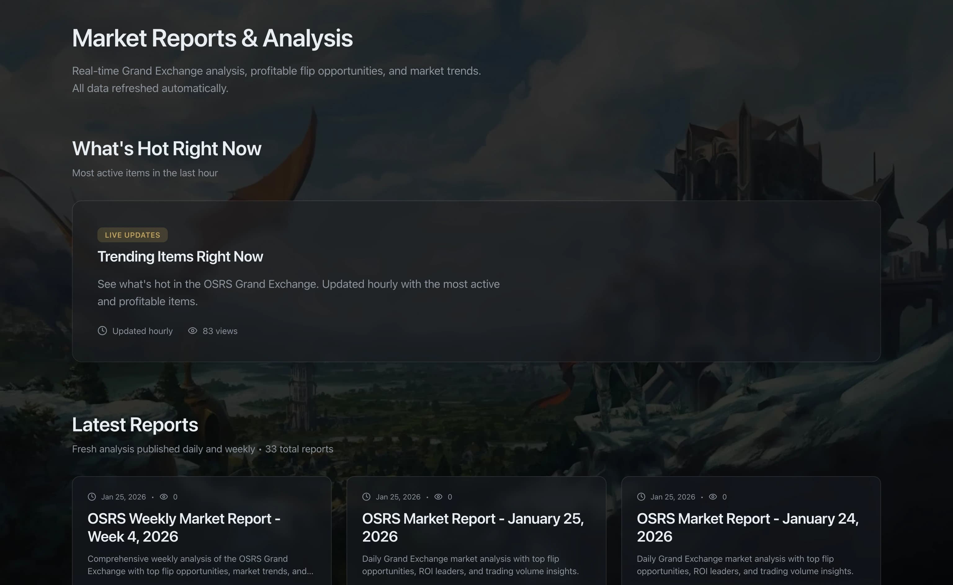 Blog section with OSRS trading guides, tips, and market analysis articles