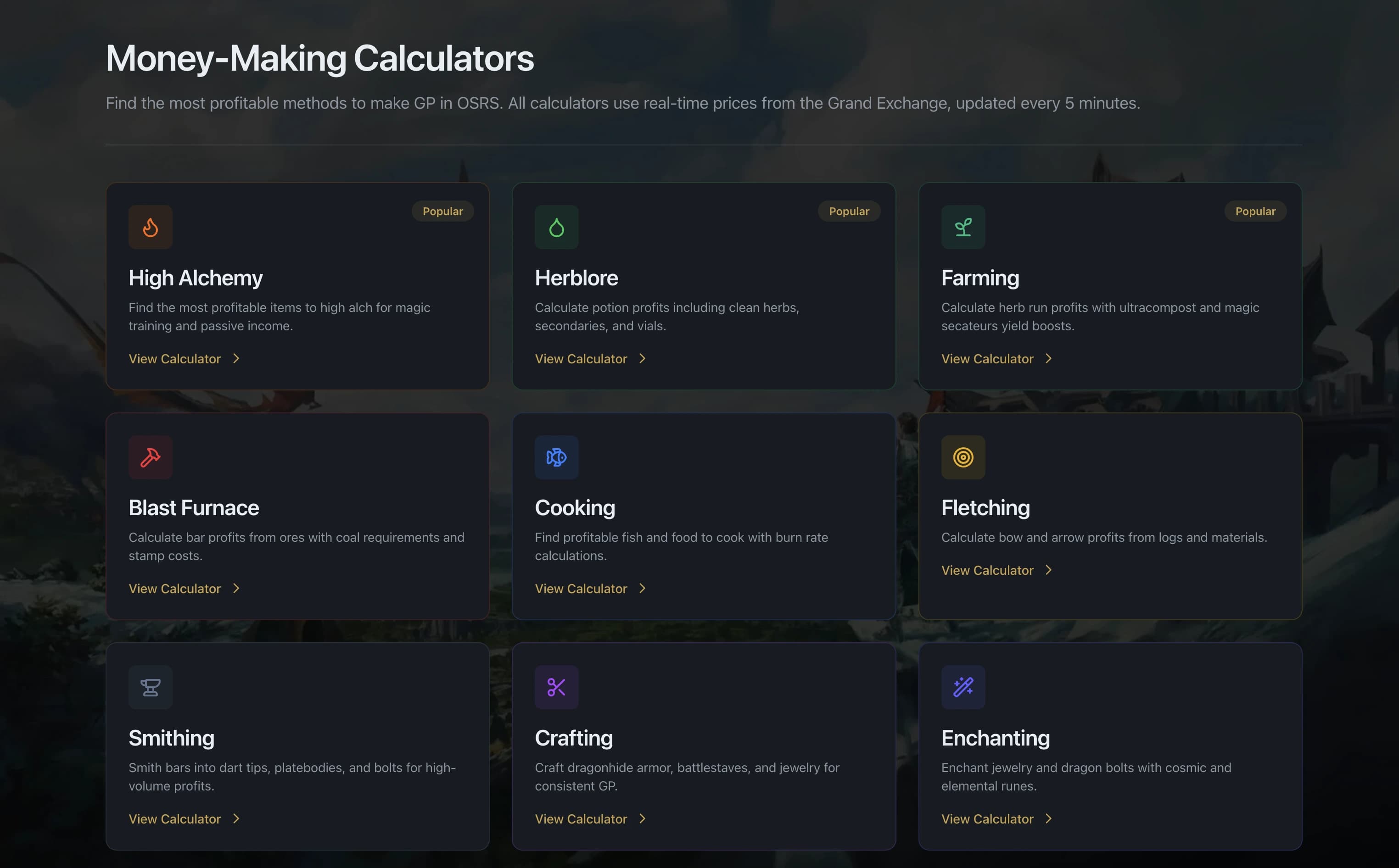 Calculator suite showing Crafting calculator with sortable profit margins and GP/XP ratios