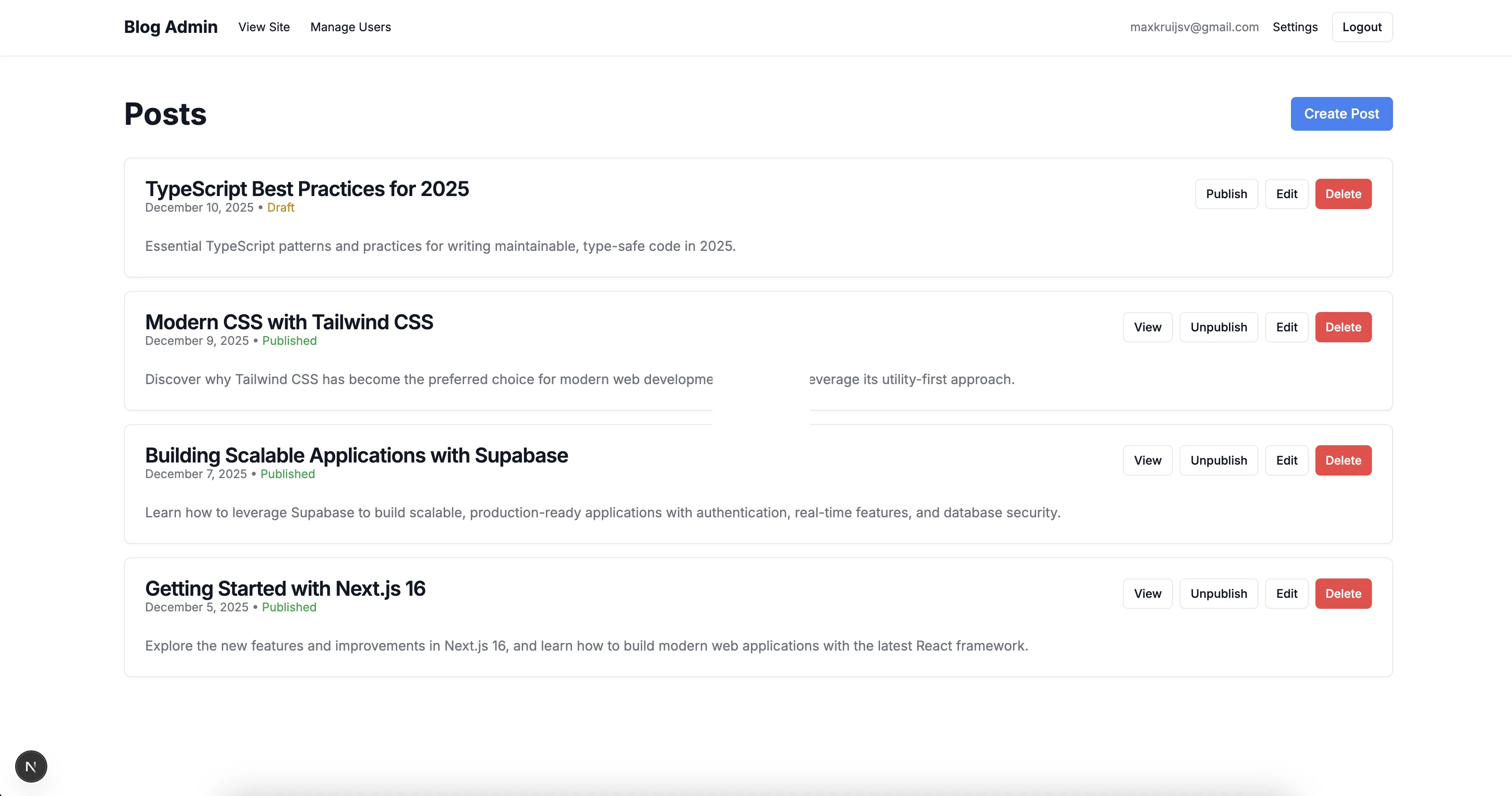 Admin post overview dashboard