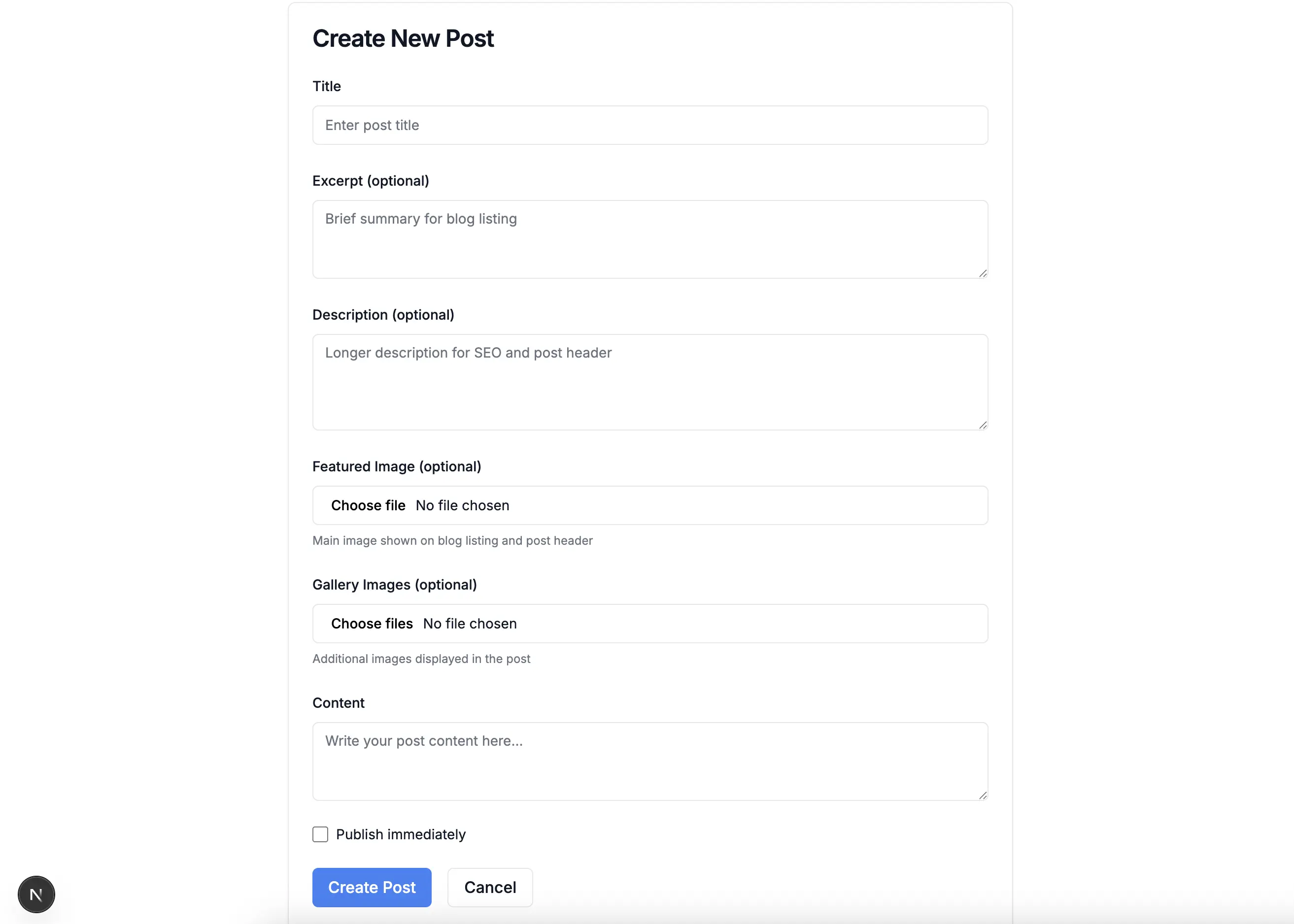 Create new post interface