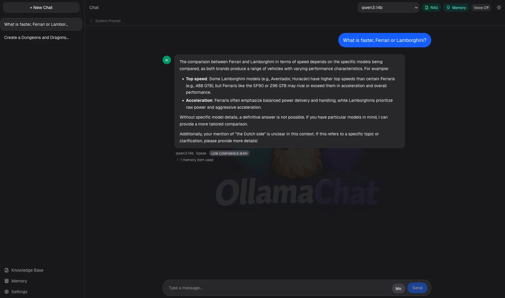 Chat interface showing a live conversation with streaming response and sidebar