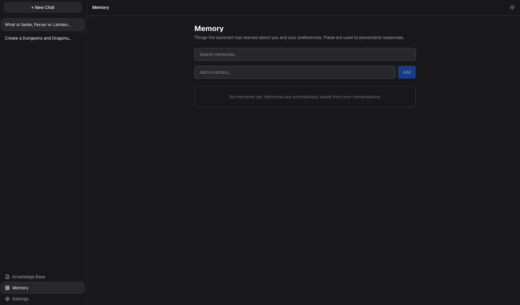 Memory page showing auto-captured facts and preferences across conversations