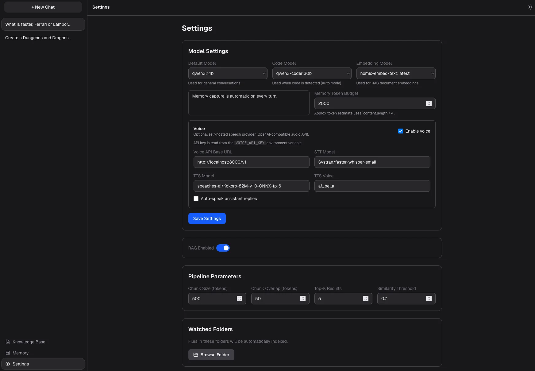 Settings page showing model configuration, voice options, pipeline parameters, and watched folders