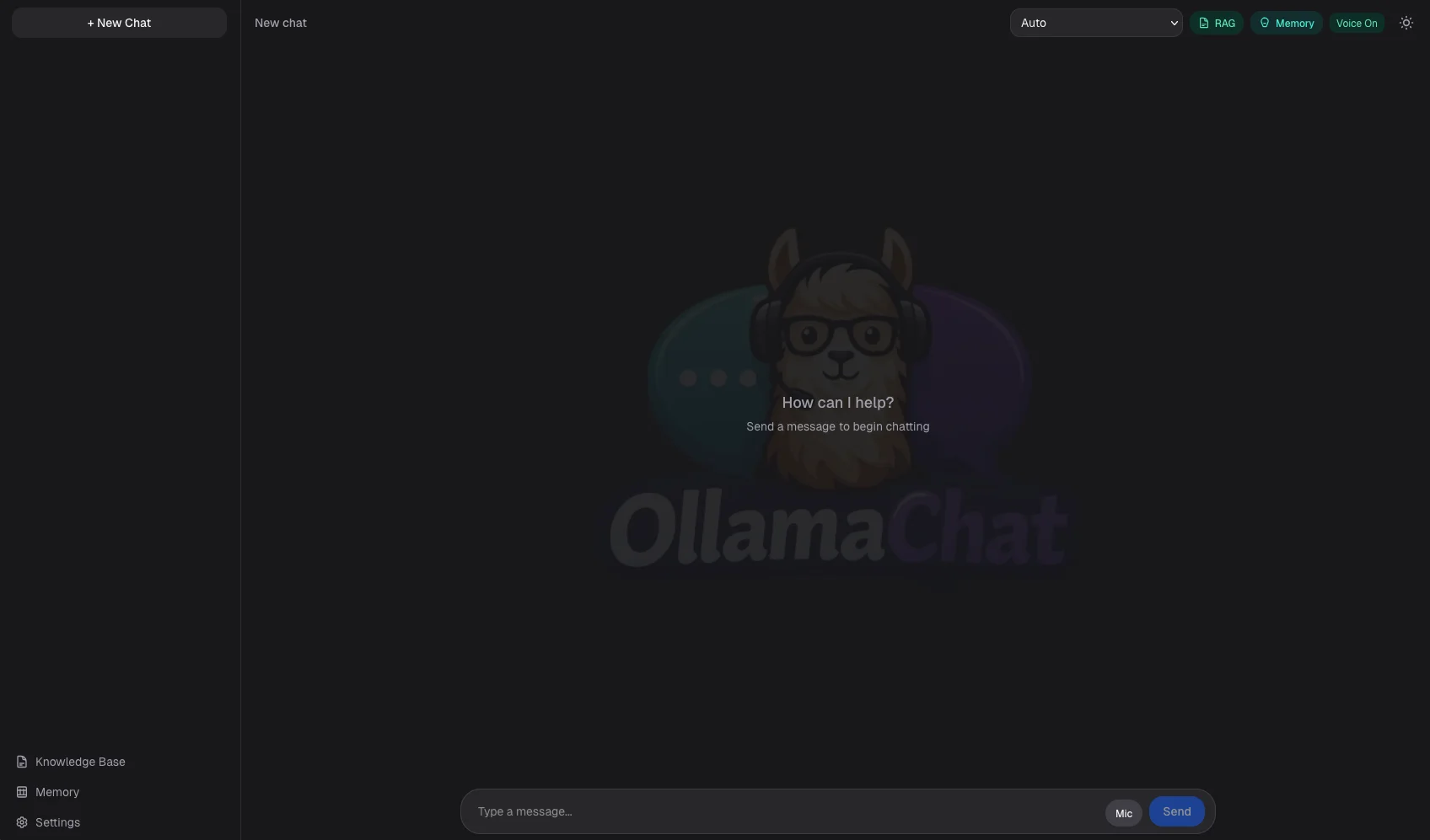 Clean overview of the OllamaChat interface without an active conversation