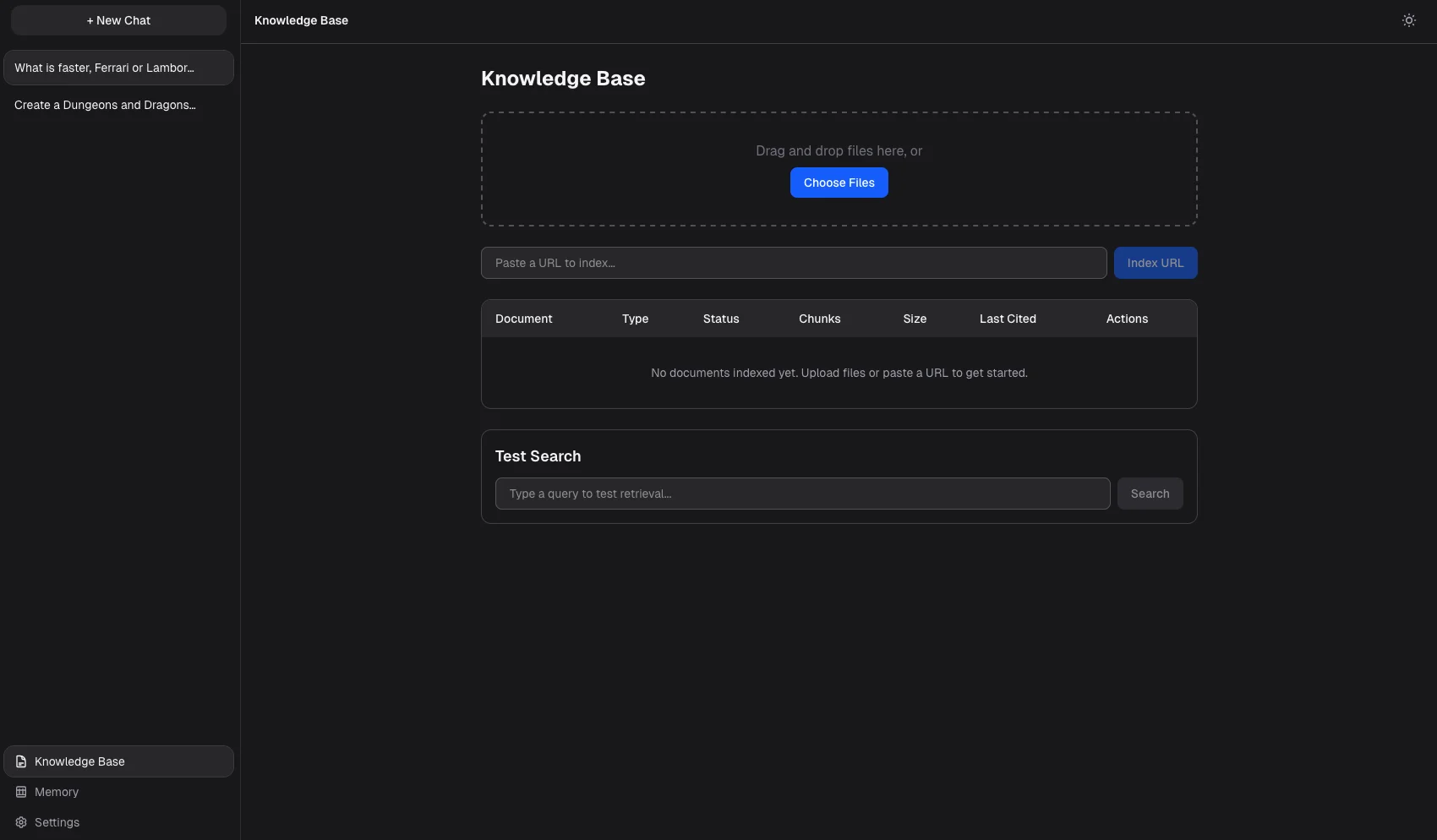 Knowledge base page showing uploaded documents with indexing status